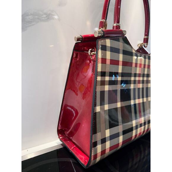 Handbag Shoulder Bag Red Black Beige Plaid Glossy Finish Red Handles0 - Picture 3 of 8